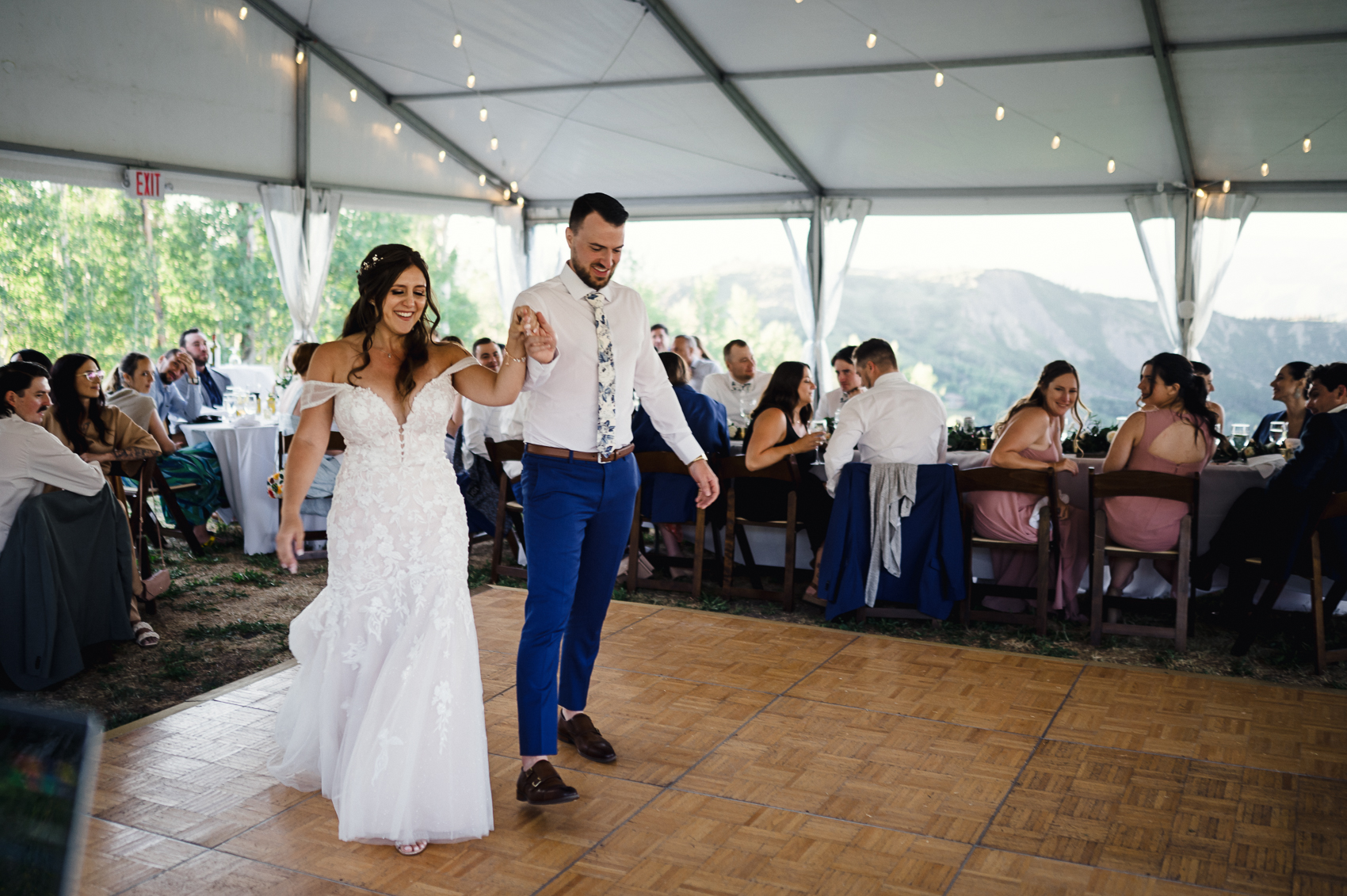 a summer reception under a white tent at a lynn britt cabin wedding